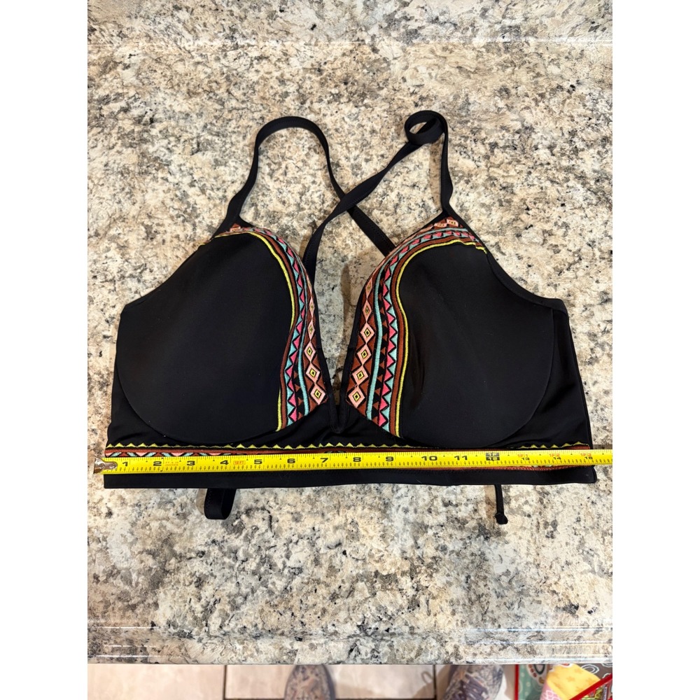 Black Embroidered Plunge Bikini Top Strappy Cross Back Geometric Tribal Boho